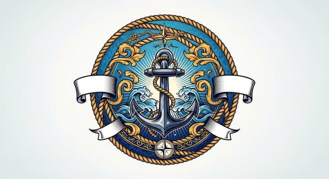 A detailed circular maritime emblem featuring a classic central anchor surrounded by twisted nautical rope and elegant decorative flourishes, metallic, symbol, seal