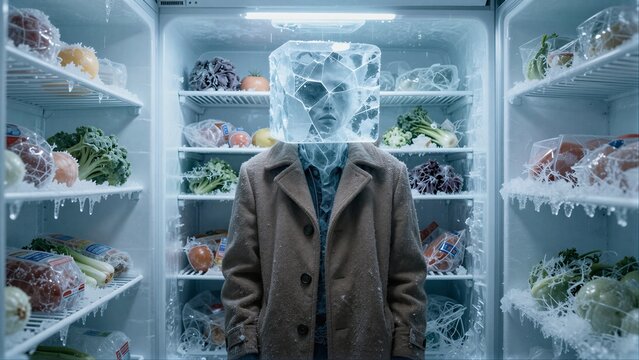 Frozen man stands in fridge, surrounded by icy vegetables and drinks.