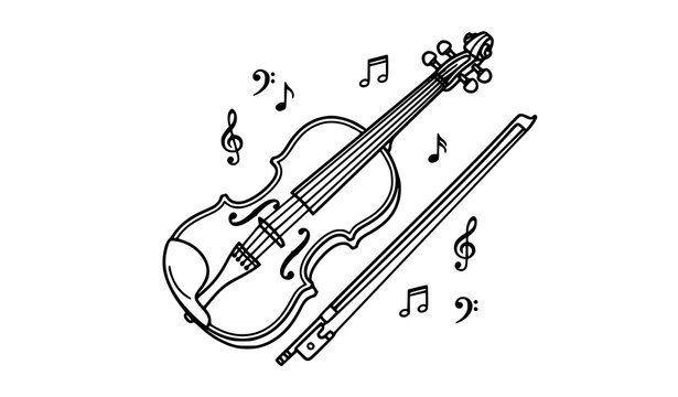 Vintage violin and bow classical music outline vector illustration with musical notes