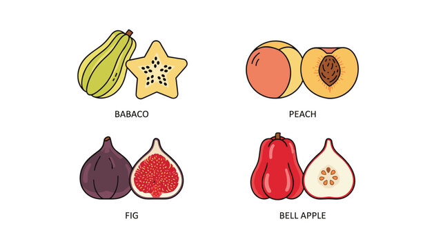 Collection of four unique fruits shown whole and halved including babaco, peach, fig, and bell apple with text labels.