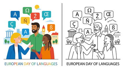 Fototapeta premium Diverse People Communicating with Language Symbols, European Day of Languages Concept
