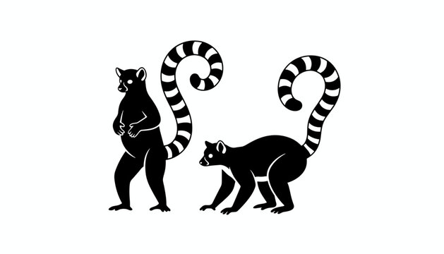 Black and white silhouette vector illustration of two ring-tailed lemurs with tall striped tails on a white background.