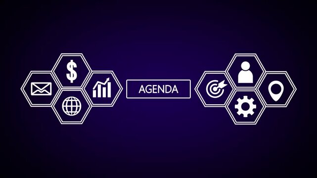 White line symbolizing business such as mail, currency, global connections, and progress charts linked to a central box labeled AGENDA and additional for people, goals, gears, and location