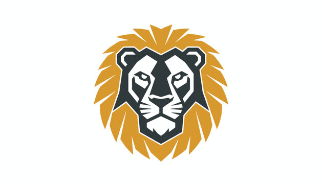 Majestic lion head logo mascot design in gold and dark grey with a fierce gaze, sharp outlines, and a proud flowing mane.