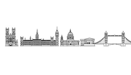 Fototapeta premium Line art illustration of the London skyline featuring major landmarks including Tower Bridge, Big Ben, and St. Pauls.