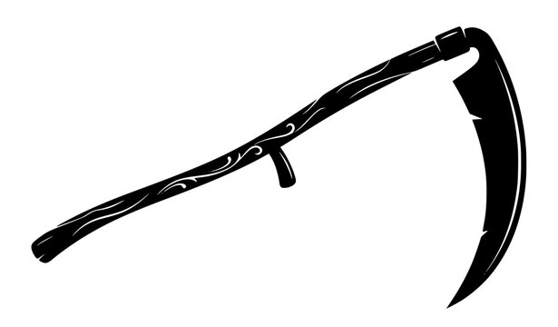 Black vintage scythe silhouette traditional farming and medieval tool vector