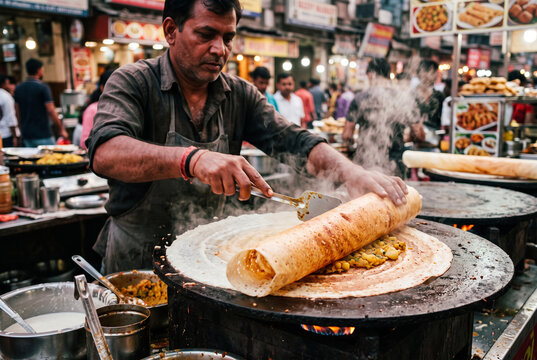 Street vendor flipping crispy paper dosa on large hot tawa for restaurant menu marketing