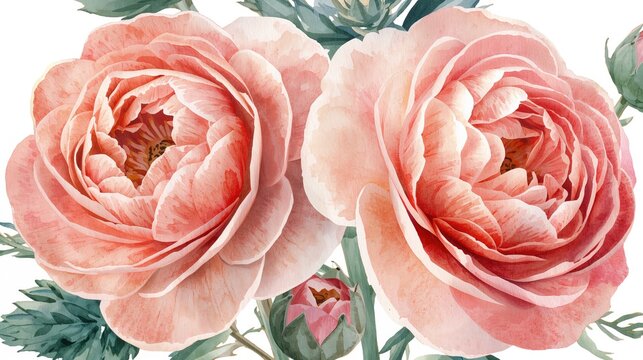 Watercolor blooming ranunculus flowers background