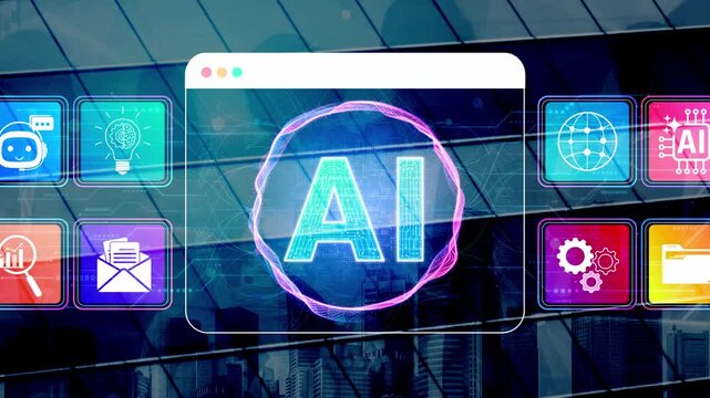 Digital representation of artificial intelligence concept with icons, symbols, and modern technology in a futuristic design on a cityscape background Sigmoid