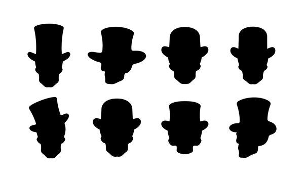 Set of eight skull silhouettes featuring top hats and bowler hat styles.