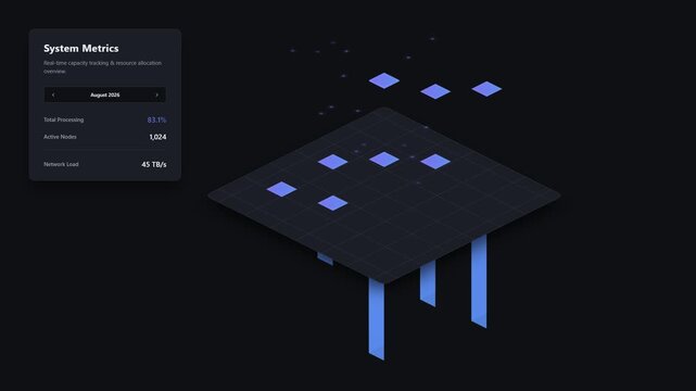 Isometric dashboard interface with digital system metrics and data visualization animation