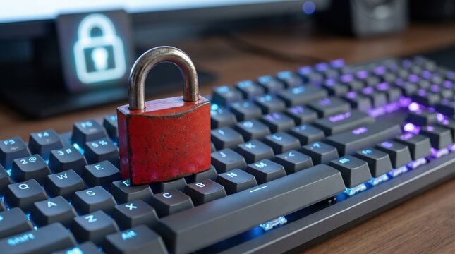 Cybersecurity padlock on mechanical gaming keyboard, digital data protection concept, red lock on computer hardware for network safety