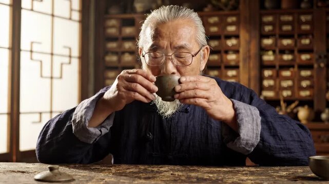 An elderly Chinese medicine practitioner holds a teacup of herbal infusion at his wooden desk, calm apothecary shelves behind him. Herbal medicine and healing wisdom concept