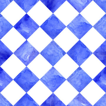 Seamless blue watercolor harlequin pattern with classic hand painted diamond shapes