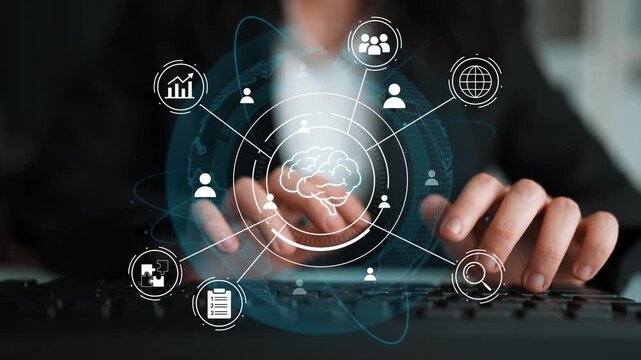 Hands Typing on Keyboard with Digital Brain Concept and Networking Icons Representing AI, Communication, and Data Analysis in Modern Workspace Environment. Entropy.