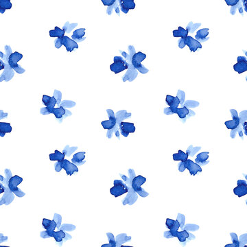 Seamless blue watercolor floral pattern with small hand painted flowers in a simple basic minimalist design
