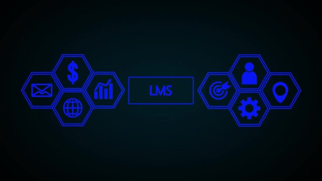 A dark blue background with a central rectangle labeled LMS and two rows of bright blue hexagonal representing business concepts and processes on either side of the text