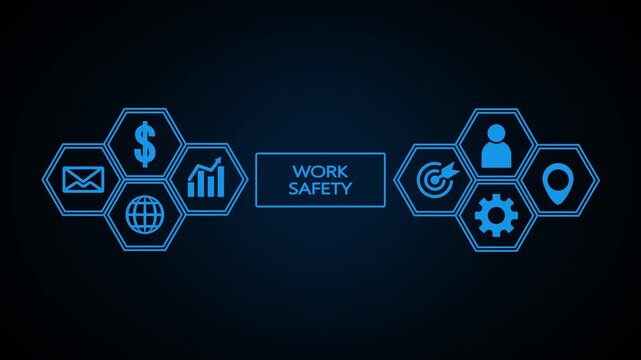 A dark blue background with a central rectangle labeled WORKSAFETY and two rows of bright blue hexagonal representing business concepts and processes on either side of the text
