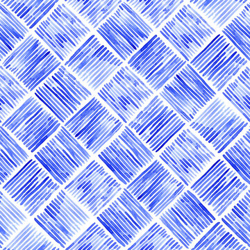 Seamless blue watercolor geometric pattern with hand painted diagonal squares and textured striped shapes on a light blue background