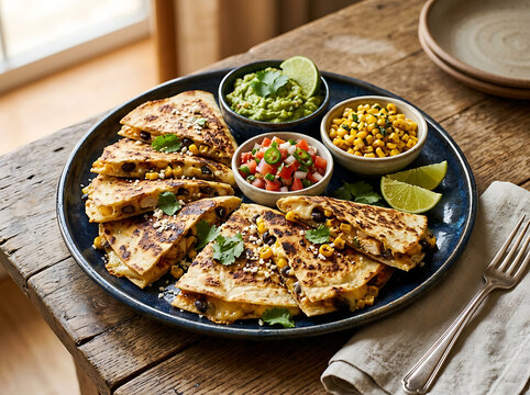 Delicious homemade quesadillas served with guacamole, corn salsa, and fresh pico de gallo on a rustic wooden table.