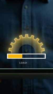 Businessman vertical shot supporting tablet computer displaying glowing gear mechanism with loading status progress bar. Operational workflow execution, system speed, and process loading concept.