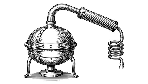 Vector line art of vintage alembic distillation apparatus with metal sphere boiler and spiral condenser coil (16 words).