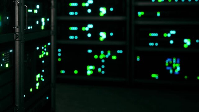Servers in a data center display blinking lights in a dark room at night. The setup shows various colored lights indicating activity and status of the equipment.
