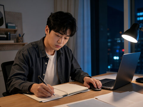 Man taking notes while preparing for a job search on laptop late at night