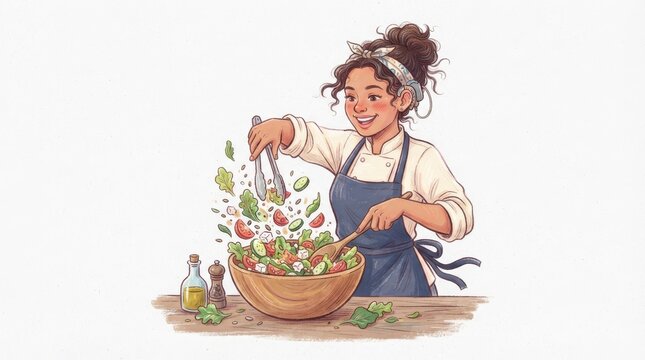 Young woman tossing salad in a wooden bowl with ingredients flying up making salad food preparation cooking utensil health food
