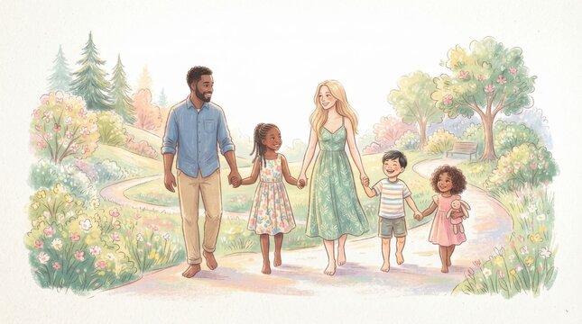 Multicultural family walking together holding hands in sunny garden pathway with outdoors children daughter lifestyle together