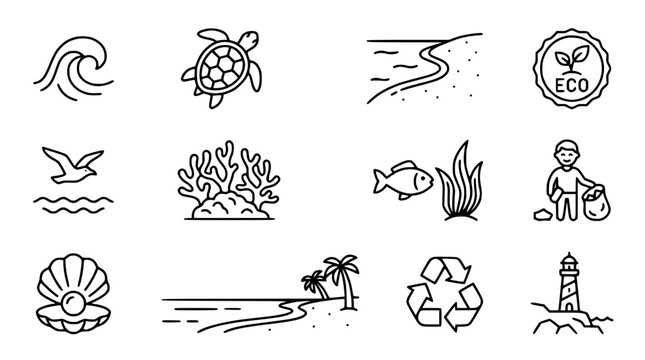 Ocean Life Icons: Wave, Turtle, Beach, Eco, Seagull, Coral, Fish, Pearl, Landscape, Recycle