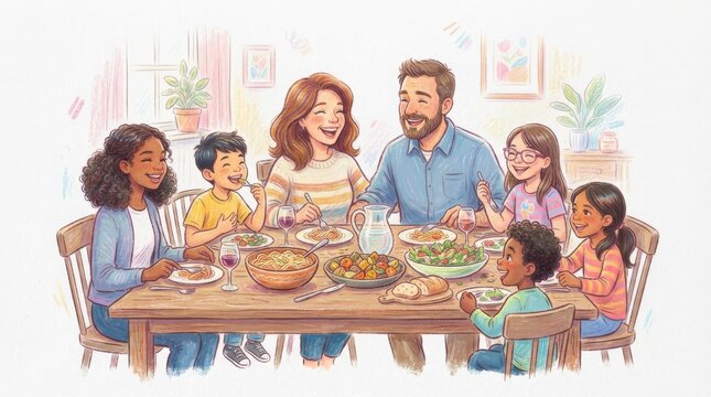 Friends and family having dinner together at dining table watercolor illustration with gathering lifestyle happiness celebration