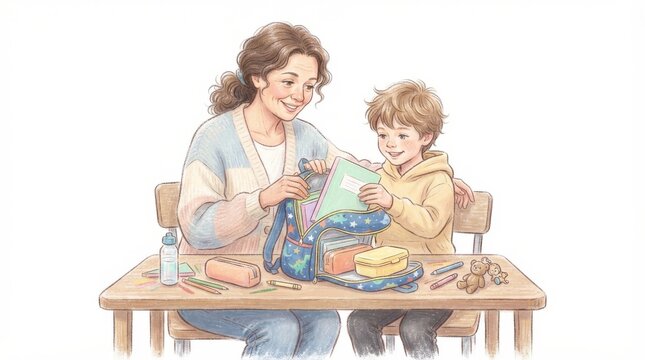 Mother and son knitting together at a wooden table with indoor activity knitting activity learning childhood togetherness