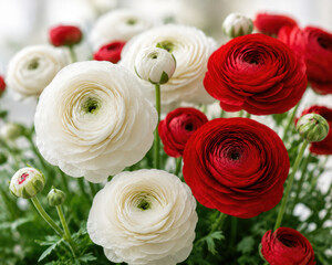 Fototapeta premium Red and White Ranunculus Flowers in Elegant Spring Bouquet Close Up