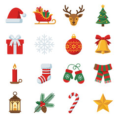 Fototapeta premium Vector illustration set of Christmas holiday flat icons including Santa hat, sleigh, reindeer, tree, snowflake, mittens, scarf, lantern, and golden star isolated on white background. Winter holiday el