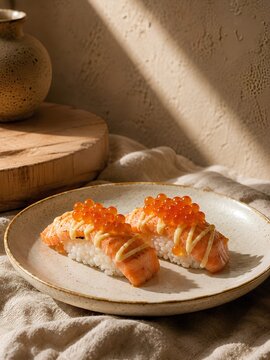 Two pieces of aburi (seared) salmon nigiri. The salmon has a lightly torched, warm orange-pink surface with subtle charred edges.