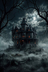 Fototapeta premium Spooky haunted house in fog at night for holiday marketing