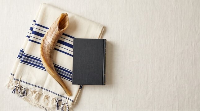 Shofar and Jewish prayer shawl lie beside a prayer book on a linen tablecloth with copy space.