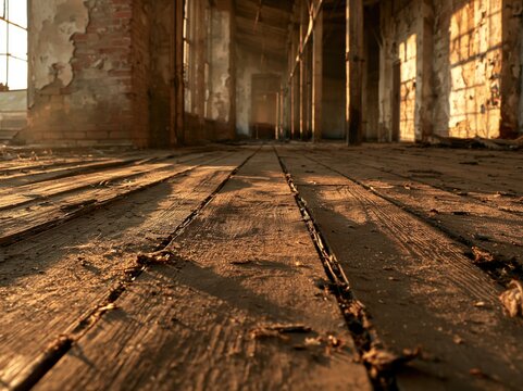 Sunlight on wooden floorboards in an old abandoned interior