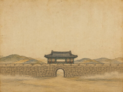 Traditional folk painting of a late 19th century Korean walled town gate at dawn with mist