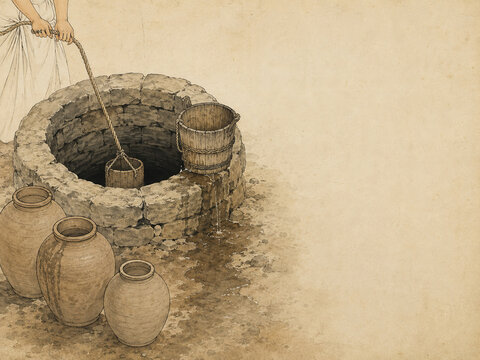 Traditional ink and colour painting of a late 19th century Korean village well with wooden buckets and earthenware water jars