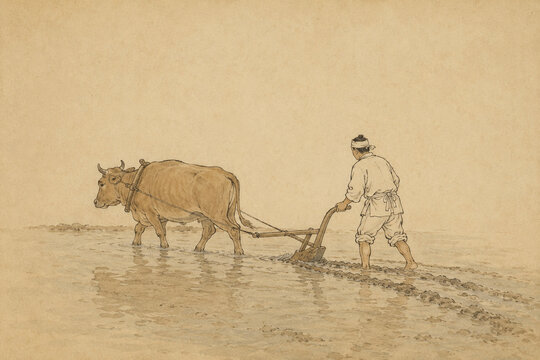 Traditional ink and colour painting of a late 19th century Korean farmer ploughing a flooded paddy field with an ox