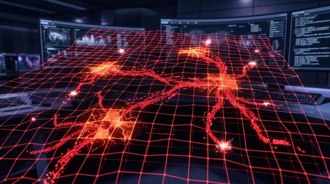 Futuristic digital map with glowing red data nodes, holographic grid interface in dark command center, cyber security network visualization