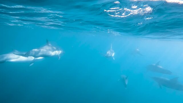 Pod of common dolphins swimming through crystal clear blue water off the east coast of New South Wales, Australia, in slow motion.