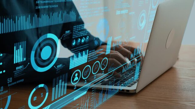 A professional business analyst engages with a laptop, using innovative data visualization tools to analyze metrics and streamline workflows in a modern workspace. Cipher