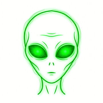 Green line art alien head illustration with intense glowing eyes close up portrait