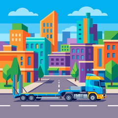 Naklejka premium Urban Logistics Truck Navigating Colorful Cityscape Illustration