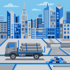 Fototapeta premium Urban Construction Delivery Truck With Building Materials