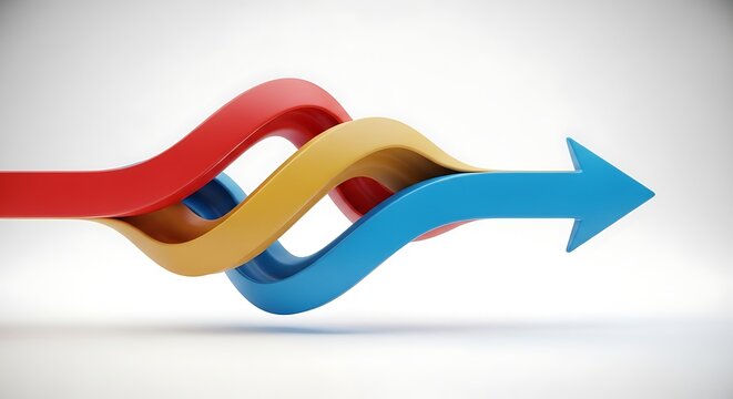 Colorful curved arrows merging into a single forward pointing arrow design