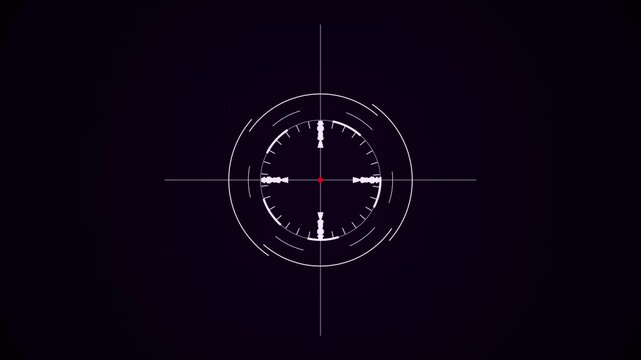 A digital crosshair reticle with a white circular aiming scope and a small red dot at the center, set against a dark purple background, suggesting targeting or precision in a digital interface or game